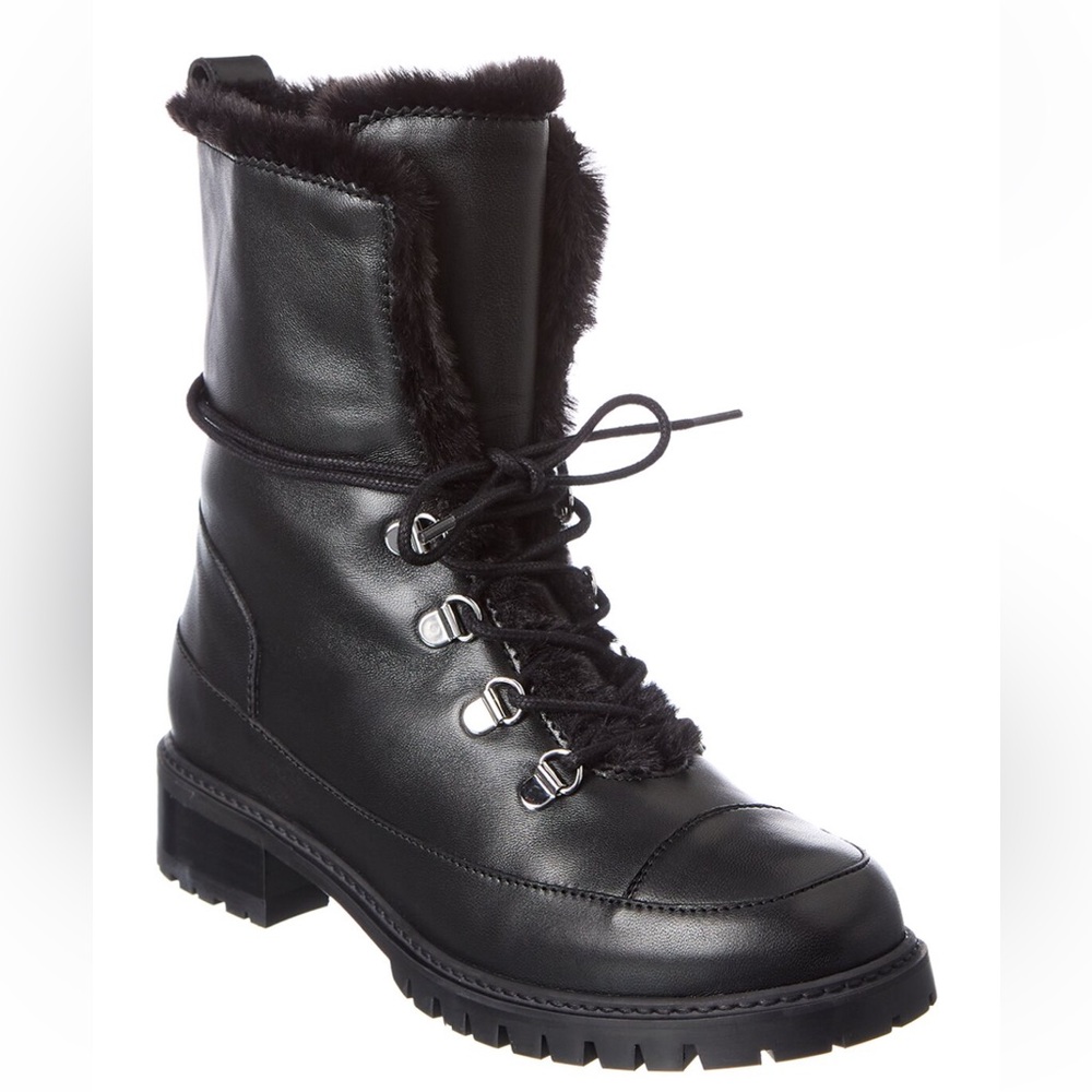 Stuart Weitzman Black Leather Fur-Lined Lug Boots, Size 9.5